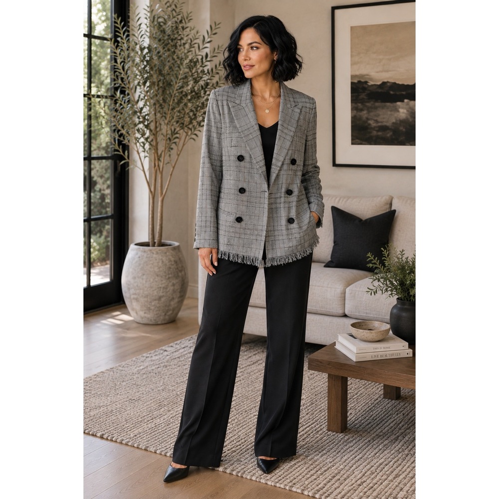 Romeo + Juliet Couture Glen Plaid Double Breasted Fringe Hem Blazer Women's L